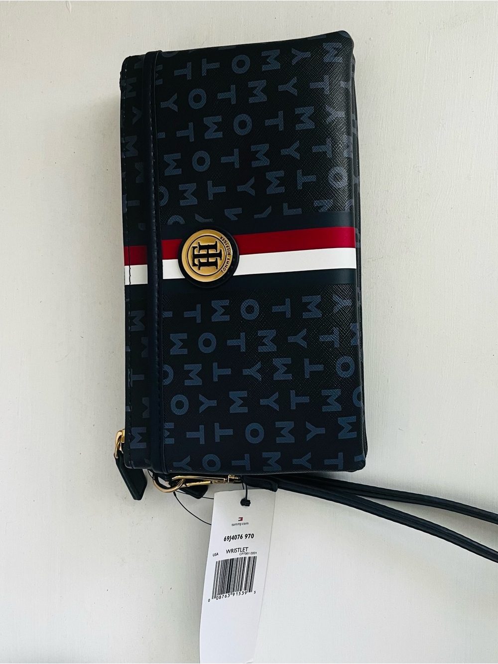 Tommy Hilfiger Navy Logo Wristlet with Red & White Stripe and Gold Emblem